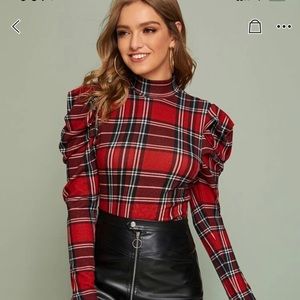 Mock Neck (leg-of-mutton) long sleeve tartan top